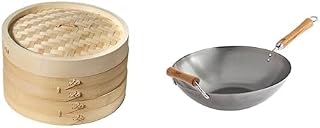 Joyce Chen 2-Tier Bamboo Steamer Baskets, 10-Inch + JOYCE CHEN Classic Series 14-Inch Carbon Steel Wok with Birch Handles