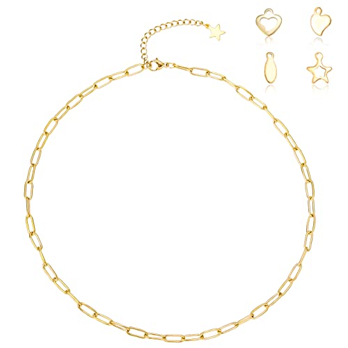 Exweup 18K Plated Gold Necklace for Women,Paperclip Chain Choker Necklace 5mm Flat Snake Chain Necklace,1mm Box Chain Necklace Gold Jewelry for Women and Girls(Paperclip Chain)