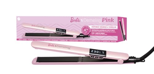 Demeliss PINK Lisseur 2 en 1 Barbie™ – Plaques Fines Céramique Tourmaline Infusées Kératine – Lissage Net, Boucles Rebondies – Température...
