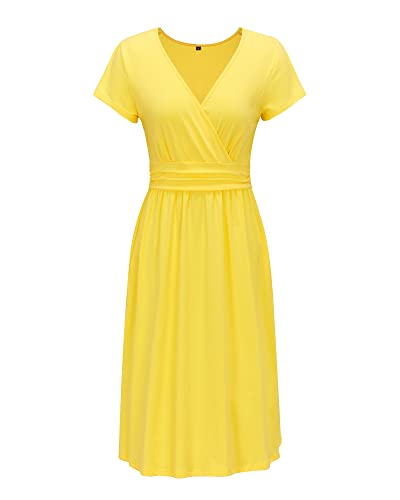Image of OUGES Casual Summer Dress for Women Wrap V Neck A Line Midi Dresses with Pockets