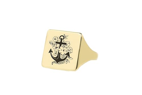 Bague de marin en or 24k ancre fleurie, le bijou gravé confortable qui ne s'oxyde pas