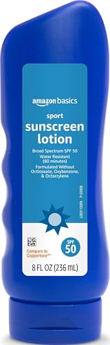 Amazon Basics Sport Sunscreen Lotion SPF 50, Water Resistant (80min), Formulated without Octinoxate & Oxybenzone, Broad Spectrum UVA/UVB Protection, 8 Fluid Ounce