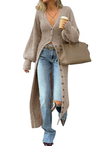 Saodimallsu Womens Long Cardigans V Neck Button Down Chunky Knit Dusters Sweater Coat Fall Trendy Maxi Sweater Dress Khaki