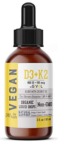 Organic Liquid Vitamin D3 (as Lichen) +K2 (as MK4 & MK7) in fractionated Coconut Oil. Organic, Plant-Based, Vegan, Gluten Free, Wheat Free, Soy Free*, Non-GMO, Suitable for Men, Women and Children.