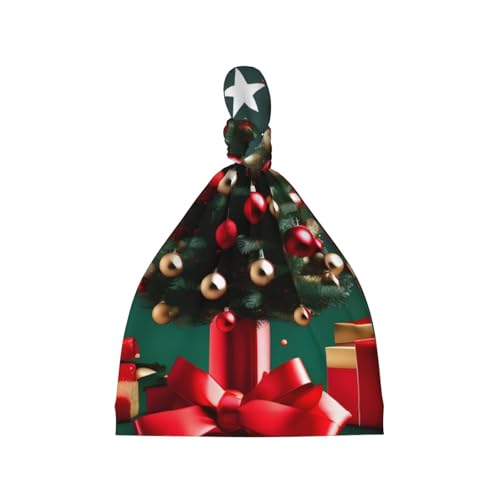 Newborn Baby Hat, Round Ball Christmas Tree Print Soft Top Knot Beanie Cap, Cute Baby Headwear for 0-6 Months Black