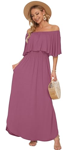 Image of AUSELILY Womens Off Shoulder Ruffle Split Summer Maxi Dresses with Pockets | Off-shoulder Ruffle dress with empire waist & side split for summer beach and casual parties