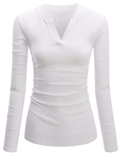 TheLees (NKWVT609 Womens Fitted Tee V-Neck Long Sleeve Daily Cotton Tshirts White US XXS(Tag Size XS)