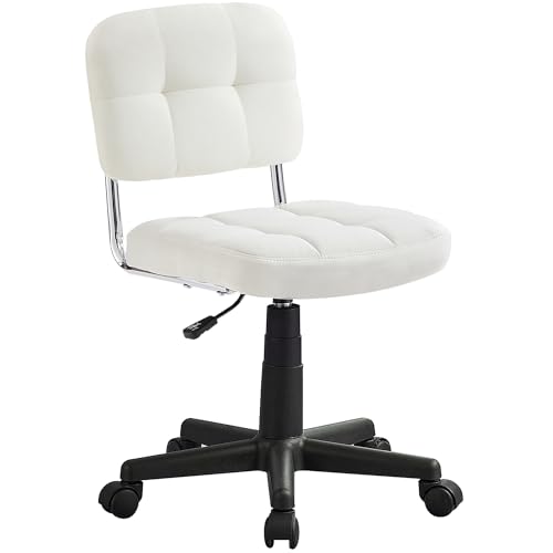 VECELO Modern Armless Home Office Desk Chair 360°Rolling Swivel Adjustable Height for Make Up/Bed Room/Small Space, Linen Fabric, White