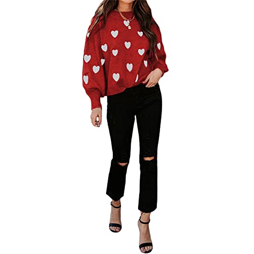 Image of Women's Cute Heart Sweater Love Print Valentine Romantic Knitted Top Casual Crewneck Long Sleeve Sweaters Pullover