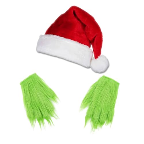 Red Christmas Santa Hat with Green Gloves, Fluffy Costume for Xmas Halloween Cosplay Party (Xmas Hat and Green Hands Set)