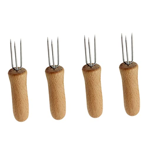 KONTONTY 4-piece Stainless Steel Corn Forks Wood Handle Bento Picks Pick Fork Handle for Grilling Mini Skewers Corn Holder