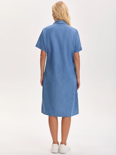 Image of Women's Midi Denim Dress Summer Short Sleeve Button Down Casual Loose Long Tunic Jean Shirt Dress