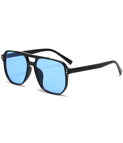 Image of EYLRIM Retro Aviator Sunglasses for Women Men Classic 70s Square Frame Sun Glasses Vintage Shades(A4 Black /Blue)