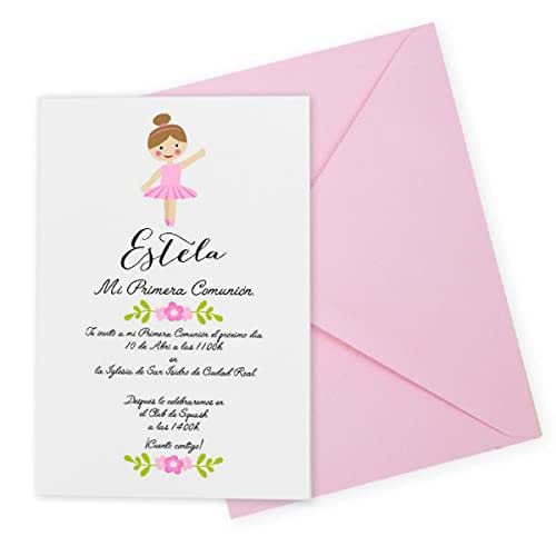 Imagen de Amazon: Invitación de comunión BAILARINA personalizada.En entrada de blog Invitaciones Comunión Originales