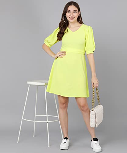 Image of Serein Women's Mini Dress (Solid Crepe Dress with Puff Sleeves, v-Neck & Waist Belt) (Yellow, Large) (SER-DRESS-HR-1-L)