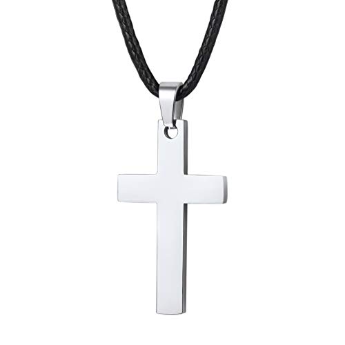 PROSTEEL Cross Necklace Mens, Silver/Black/Gold Plated Cross Pendant with Leather Necklace Waterproof Wax Rope Chain 22 24 26 Inches -Send Gift Box Silver (Leather Chain) 20"(51 CM)
