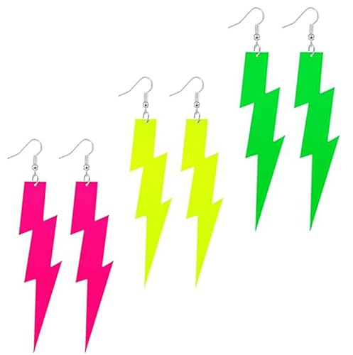 EKKONG Pendientes Años 80, 3 Pares Forma de Rayo Pendientes Neon Mujer Complementos Años 80 para Mujer Retro-Neón Fiesta Accesorios de Vestir (A)
