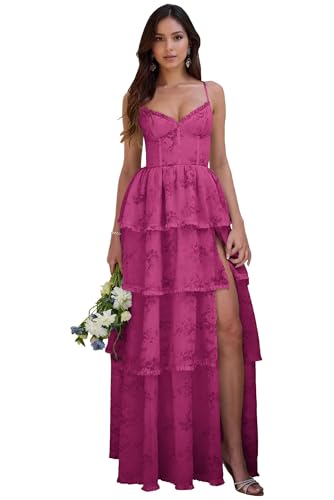 Floral Tiered Long Bridesmaid Dresses for Women with Slit Ruffle Chiffon Wedding Guest Dresses Prom Formal Gown with Pockets