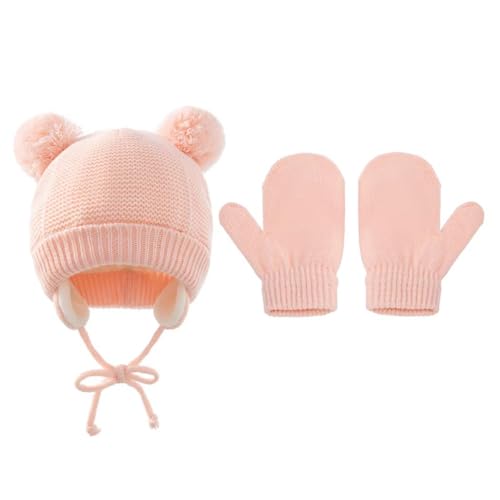 Conjunto de guantes y gorro para niños pequeños con pompón para invierno de punto suave