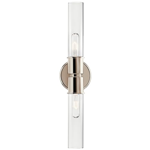 Image of Kichler Aviv 2-Light Wall Sconce, Modern Light with Clear Glass in Polished Nickel, for Bedroom, Laundry Room, Kitchen or Hallway (24 inch x 5.5 inch), 52654PN
