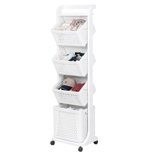 LOFTEY 4 Tier Luandry Basket with Wheels,92L Plastic Washing Basket, Laundry Sorter with 4 Movable Baskets, White