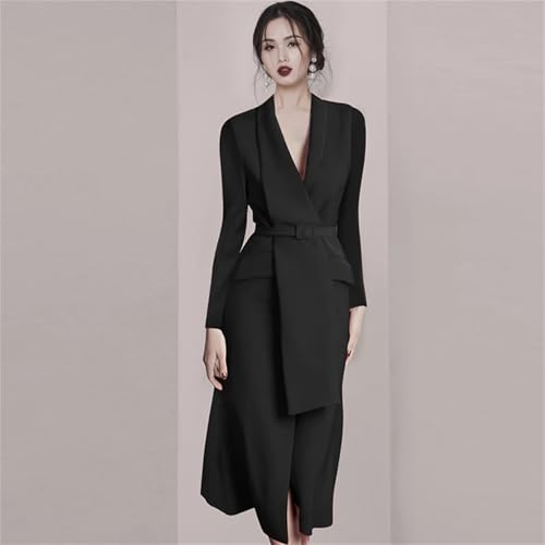 Adhdyuud Women Notched Collar Party Bodycon Dress Slim Fit Long Sleeve Office OL Belt Midi Dresses4