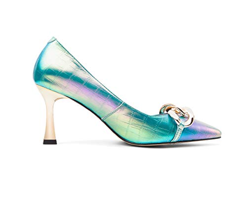 TinaCus Women's Genuine Leather Handmade Pointed Toe Sexy Mental High Kitten Heel Slip On Loafer Pumps with Mental Pattern Decor4