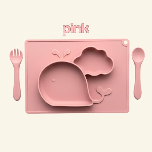 Image of Silicone Baby Meal Plate Set with Spoon & Fork | Whale Shaped | Strawberry Pink Colour | 2 Section Divided Plate for Toddlers | Food Grade Kids Feeding Set | Microwave Dishwasher Safe