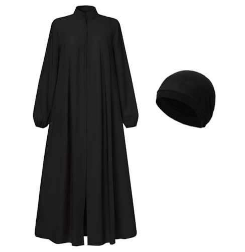 Image of Womens Muslim Abaya Dress Front Zipper 2 Pockets Long Sleeve Prayer Islamic Clothes with Hijab Cap