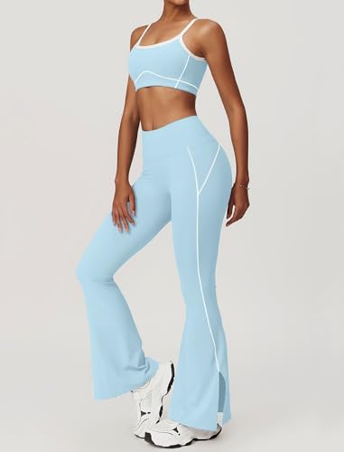 OMEWEE Yoga sets for women 2 piece Fashion contrasting lines Sports Bra and High Wasit Split hem Flared Leggings baby blue M — view 5