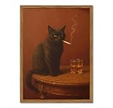 Framed Funny Black Cat Wall Art, Vintage Moody Cat Pictures Wall Decor, Humor Cool Animal Paintings Canvas Prints for Living Room Bedroom Bathroom Bar 12x16 inch