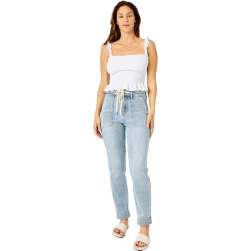 Judy Blue Women's High Waist Light Blue Wash Denim Joggers - Double Cuff with Drawstring, Comfort Stretch 88691-