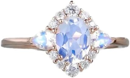 Ganquya Plated 18k Rose Gold Rainbow Moonstone Rings,Women Bridal Set Statement Anniversary Ring Gift Oval & Pear Cut CZ Simulated Diamond Engagement Ring (US Size 6)