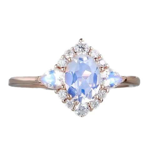 Plated 18k Rose Gold Rainbow Moonstone Rings,Women Bridal Set Statement Anniversary Ring Gift Oval & Pear Cut CZ Simulated Diamond Engagement Ring (US Size 8)