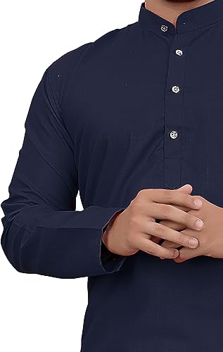 Image of Cotton Blend Full Sleeve Long Plain Kurta for Men