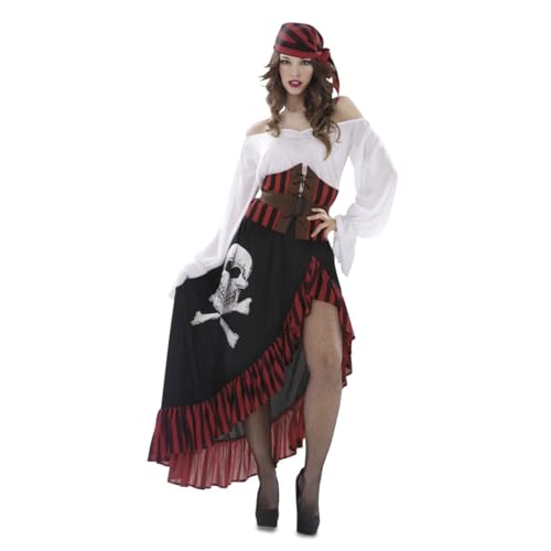 My Other Me - Disfarce pirata mulher, tamanho XXL. Inclui cinto, lenço e espartilho vermelho com riscas pretas, vestido branco e saia preta assimétrica com volante preto e vermelho e estampado de