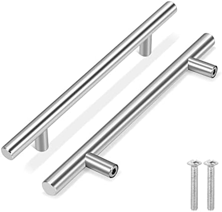 Flexzion 25 Pack Kitchen Cabinet Handles Silver Drawer Pulls 8 inch, 5 inch Hole Center, Stainless Steel T Bar with Satin Brushed Nickel, Hardware for Kitchen Cupboard Door Bathroom Furniture