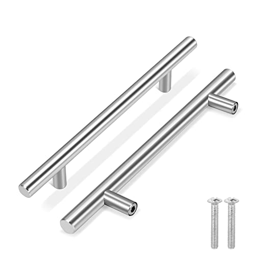 Flexzion 5 Pack Kitchen Cabinet Handles Silver Drawer Pulls 10 inch, 6.3 inch Hole Center, Stainless Steel T Bar with Satin Brushed Nickel, Hardware for Kitchen Cupboard Door Bathroom Furniture