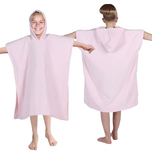 Image of Superior Kids Cotton Terry Poncho, Soft, Absorbent Bath Towel with Hood, Bathroom Accessories, Long, Plush Bathrobes for Bath, Shower, Spa, Resort, Hotel, Beach, Pool, Boy, Girl, Large Size, Pink