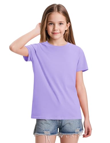 KEREDA 4 Pack Girls Short Sleeve Shirts Cotton T-Shirts Summer Basic Tees Tops Clothes for Kids Light Purple, Green, Bright Pink, White 7-8 Years — view 5