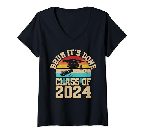 Womens Funny Bruh It's Done Class of 2024 Graduation 2024 Hat Retro V-Neck T-Shirt