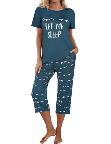 Ekouaer Pyjama Pyjacourt Femme Ete Court T-Shirt Manche Courte et Pantalon Capri Ensemble de Pyjama, Bleu-Vert, S