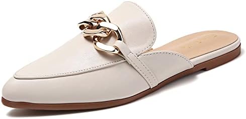 EasySmile Metal Chain Decor Flat Mules for Women Closed Pointed Toe Slip on Loafers Slides Backless Mules Shoes