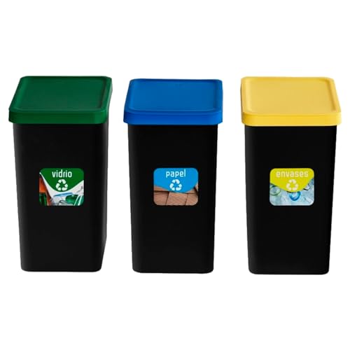 Acan Tradineur - Set de 3 Cubos de Reciclaje - Verde (Vidrio), Amarillo (Envases) y Azul (Papel) - Capacidad: 28 litros - Plástico - Cubos para almacenamiento de basura - 46 x 25 x 35 cm
