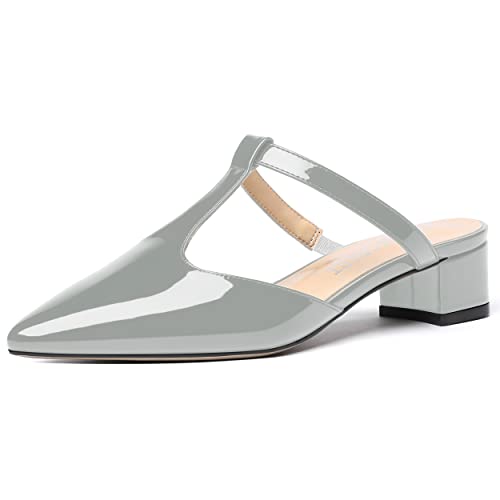 SHOWFOREST Women's Dating Pointed Toe Patent Dress T Strap Slip On Chunky Low Heel Pumps Shoes 1.5 Inch