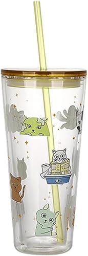 Zxyler ホウ素シリコンガラス二重グラス|真空断熱・蓋付き|ストロー付属・ギフト最適 タンブラー 二重構造 蓋付き付き 二重グラス 密閉性 耐冷 透明 ストロー コップ ドリンク容器 耐熱ガラス オフィス用