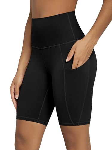 ODODOS 8" Tummy Control Biker Shorts for Women with Pockets High Waist Running Workout Athletic Yoga Shorts, Black, Large