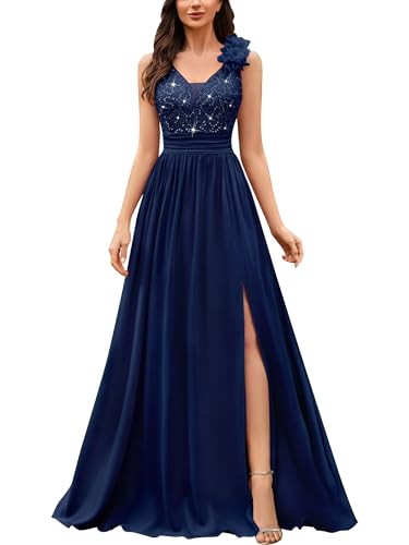 Miusol Women's Vintage V-Neck Sleeveless Sequined Split Formal Evening Maxi Dress