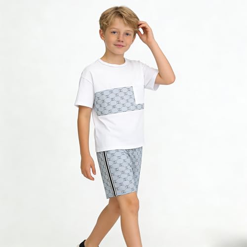 Image of Ayzozuy Boy Clothes Colorblock Top + Drawstring Waist Shorts 2 Pieces Kid Summer Outfits Set