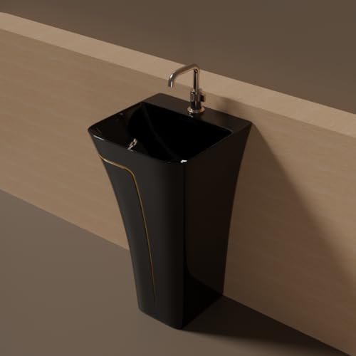 Image of Pedestal Wash Basin, Ceramic One Piece Wash Basin for Bathroom & Living Room, Modern Home Wash Basin with Glossy White Finish (L15XW15.8XH35 Inch) (Black + Yellow Line)